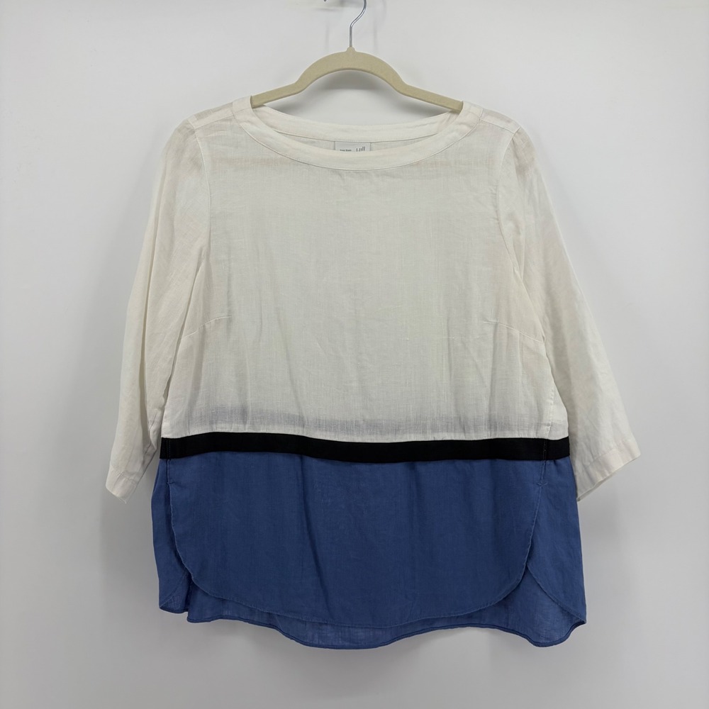 J. Jill Womens S Petite White Blue Linen Colorblock 3/4 Sleeve Scoop Neck Top